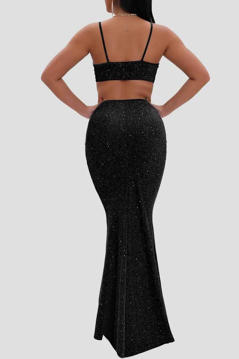 Black Fashion Sexy Solid Hollowed Out Backless Spaghetti Strap Evening Dress Dresses