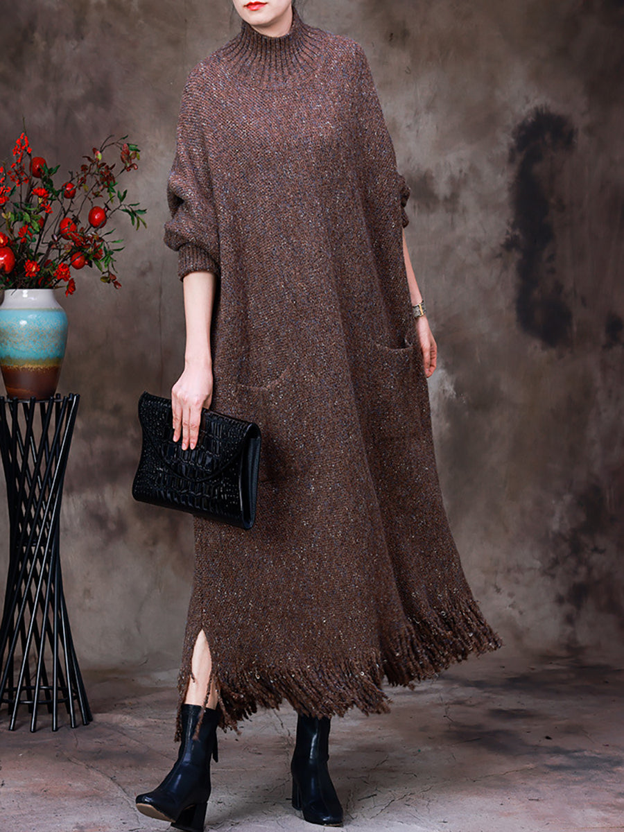 Winter Women Warm Wool Tassel Maxi Dress