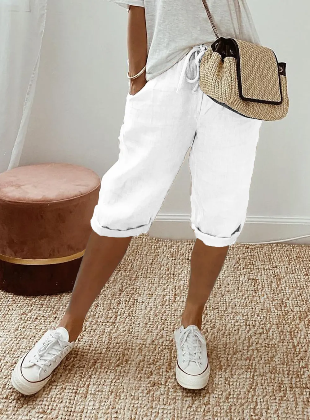 Solid Color Cotton and Linen Pocket Elastic Waist Cropped Pants