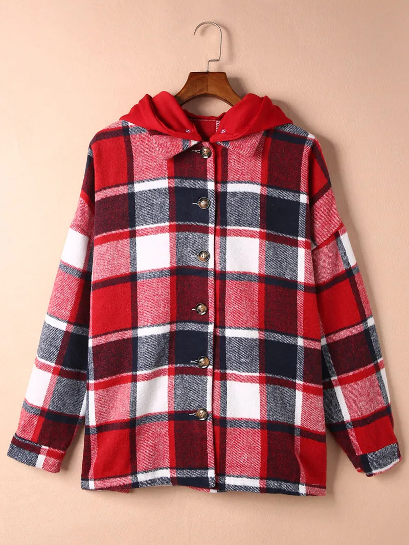 Fiery Red Hooded Plaid Button Front Shacket