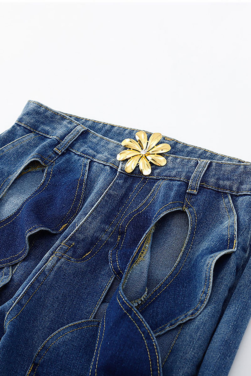 Denim Metallic Flower Decor Braided Cut Out Straight Leg Jeans