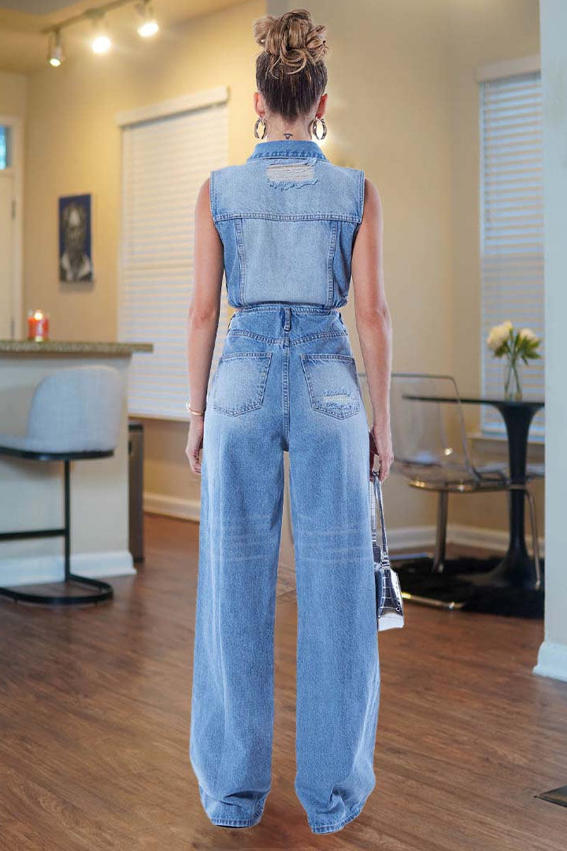 Sleeveless Button Cutout Ripped Denim Wide Leg Jumpsuit