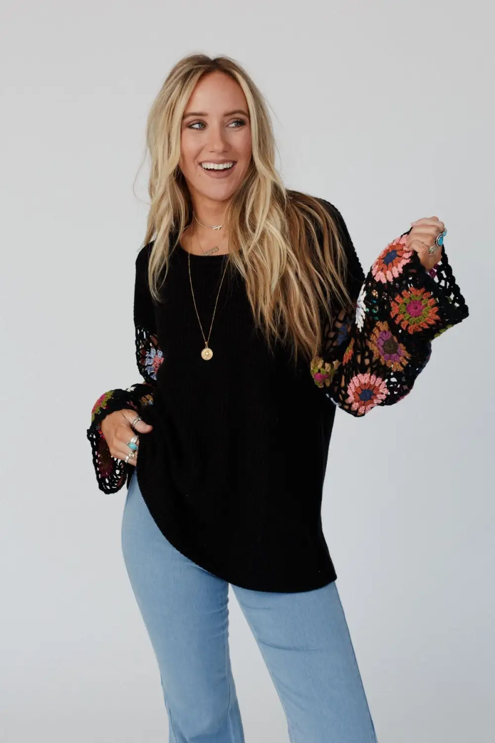 Soft Petals Crochet Sweater Top - Black