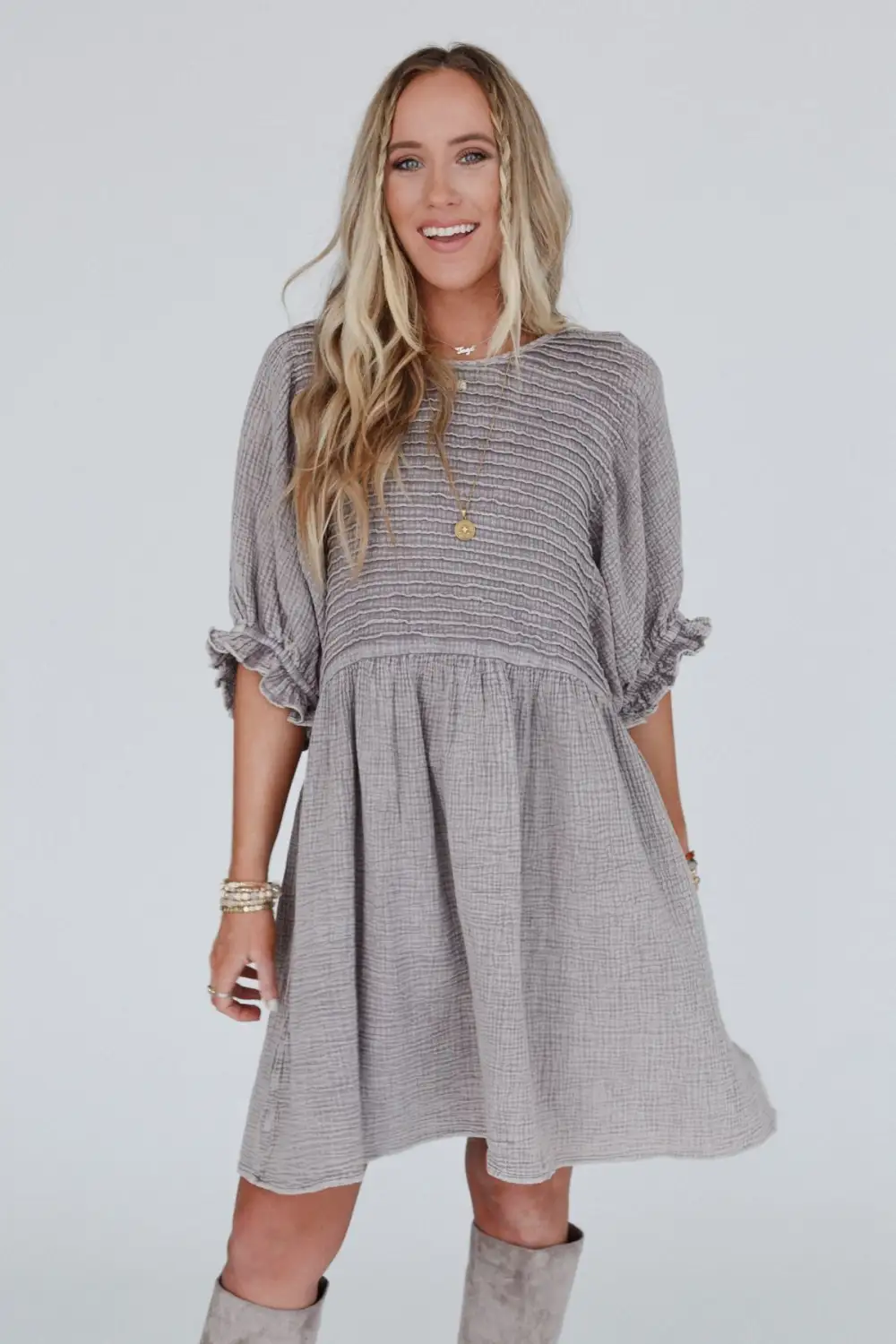 Quinn Puff Sleeve Mini Dress - Ash