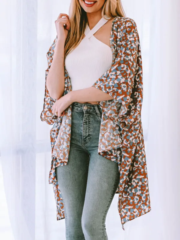 Printed Open Front Three-Quarter Sleeve Cover Up