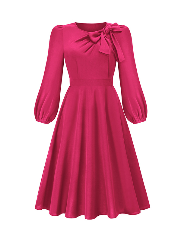 A-Line Long Sleeves Asymmetric Bowknot Elasticity Solid Color Round-Neck Midi Dresses