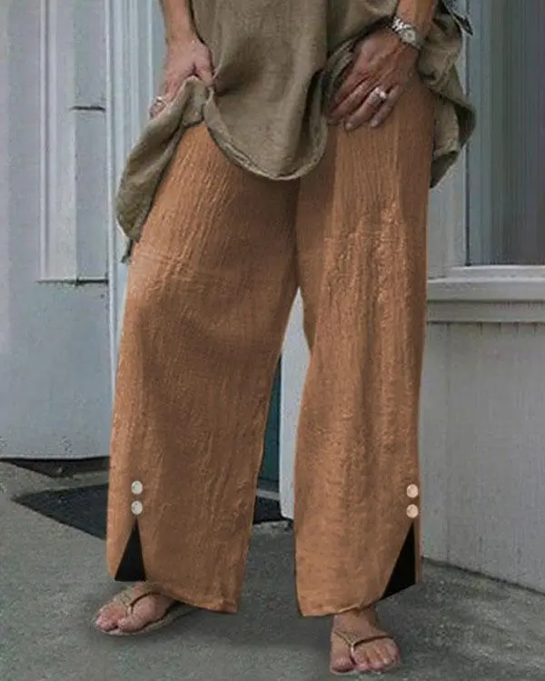 Women Plus Size Elastic Waist Button Decor Linen Cotton Pants