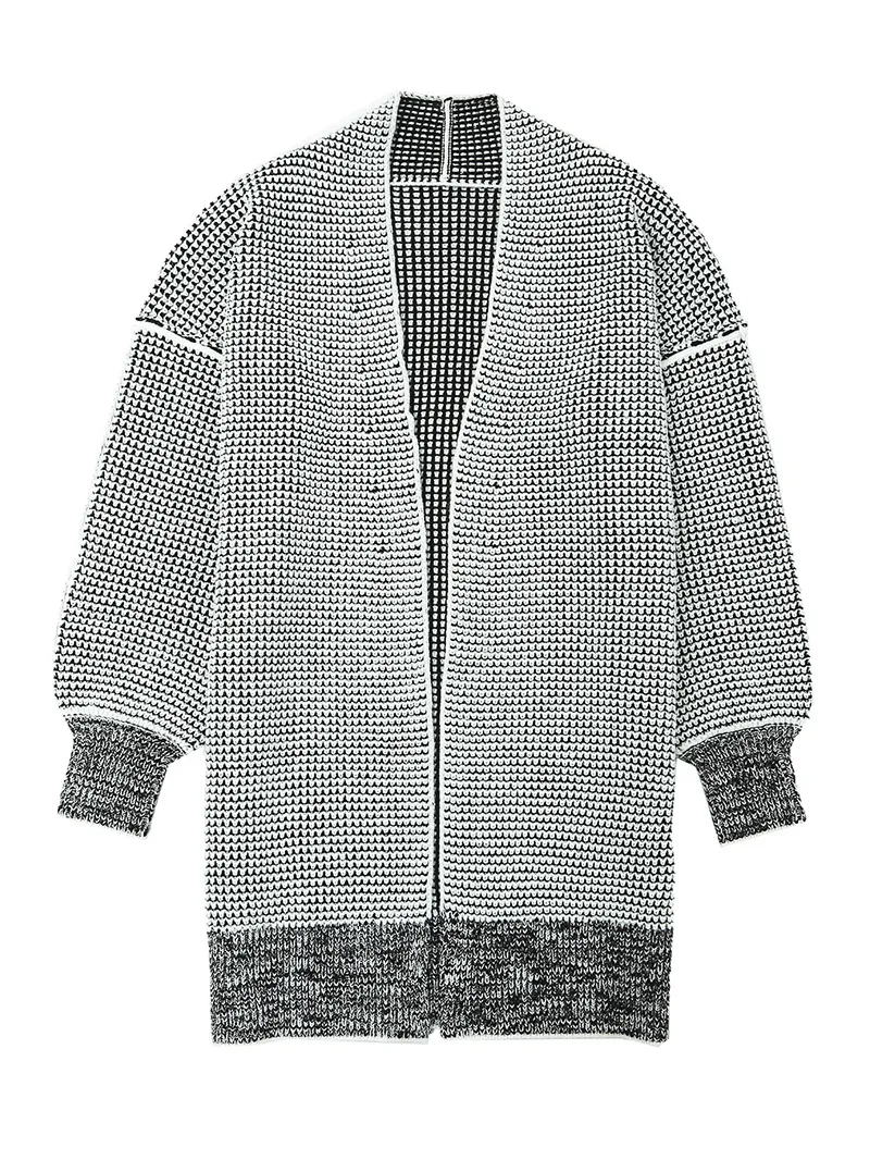 Gray Plaid Knitted Long Open Front Cardigan