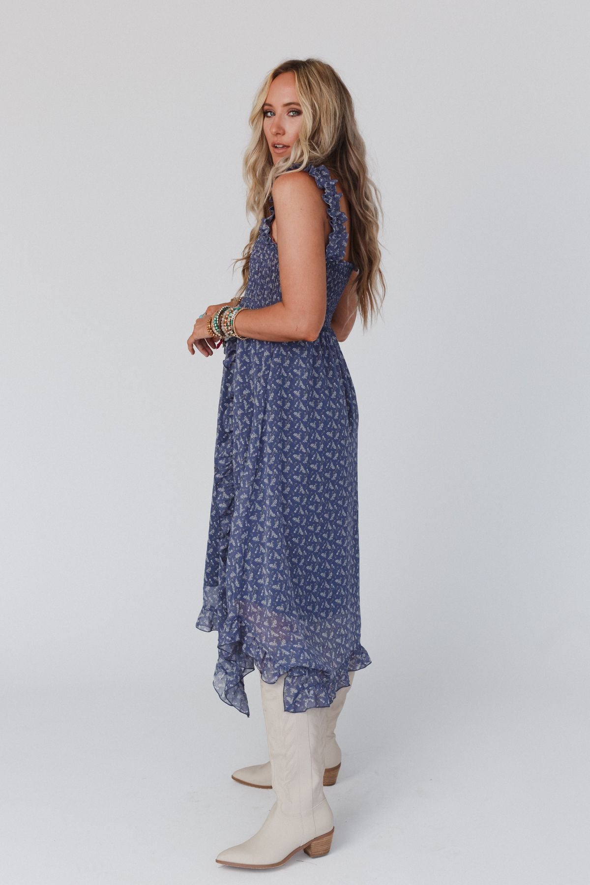 Smitten Smocked Ruffle Maxi Dress - Navy