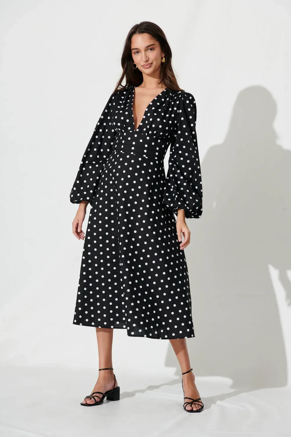 Sunburst Midi Dress In Black With White Spot Cotton