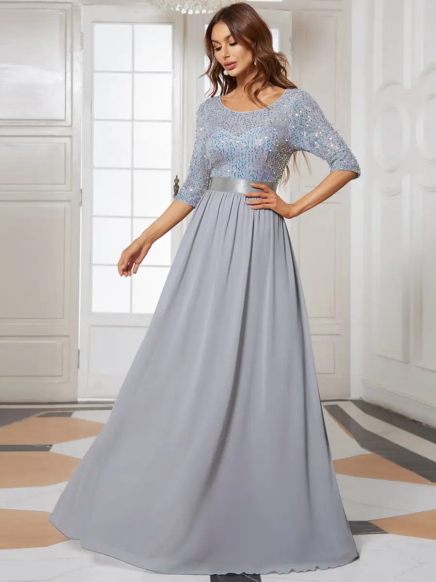 Elegant Round Neckline 3/4 Sleeve Sequins Patchwork Wholesale Evening Dress