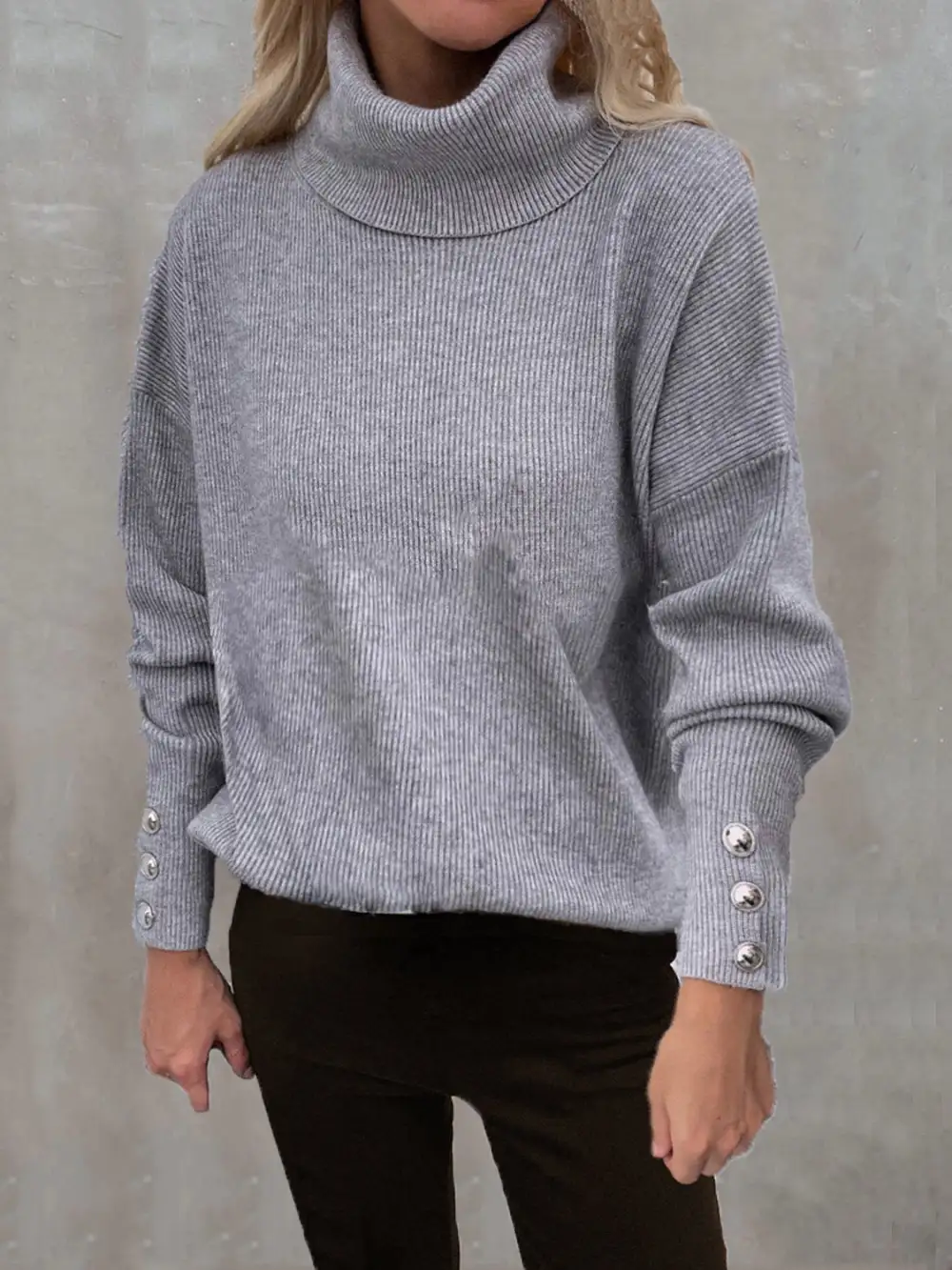 Women's Sweaters High Head Button Solid Long Sleeve Sweater