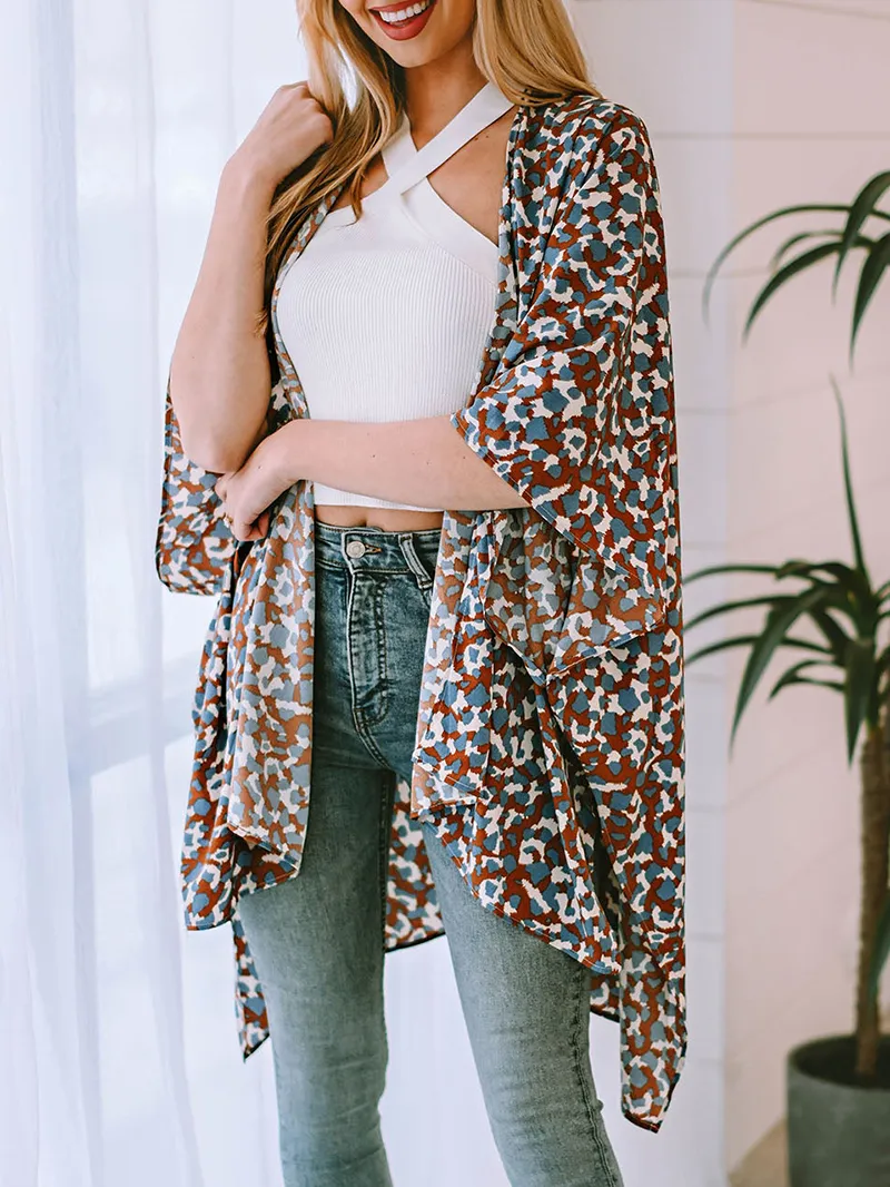 Printed Open Front Three-Quarter Sleeve Cover Up