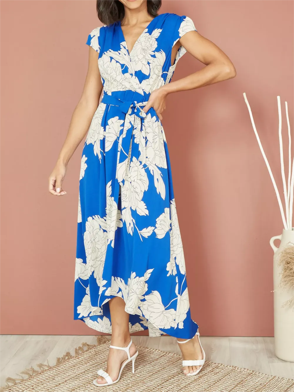 Mela London Blossom Print Wrap Dip Hem Midi Dress