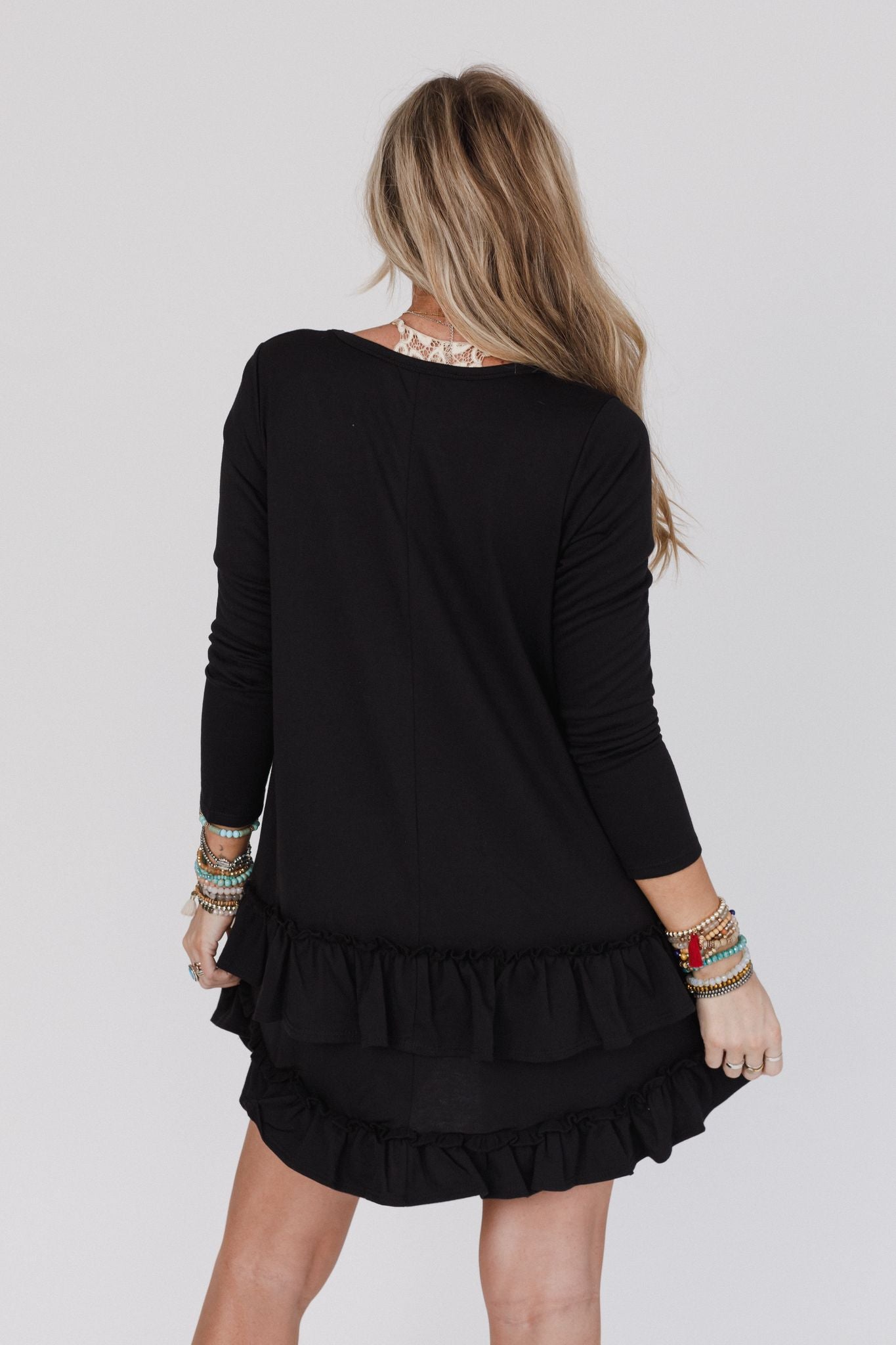 Constance Ruffle Hem Long Sleeve Dress - Black