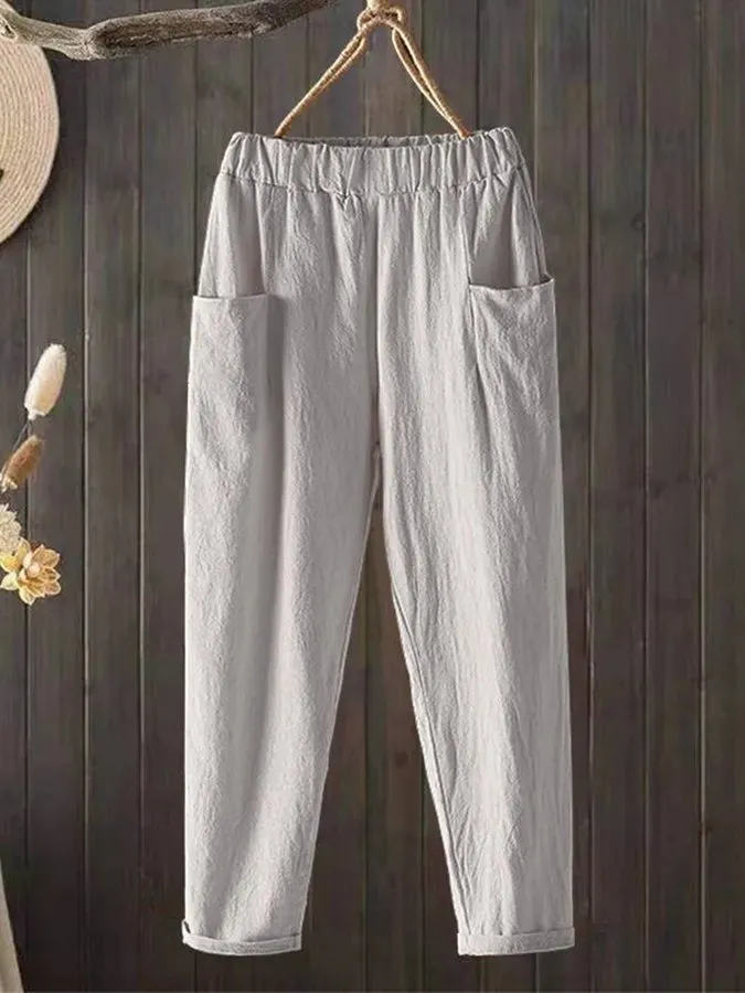 Women's Casual Pure Color Literary Cotton Pants