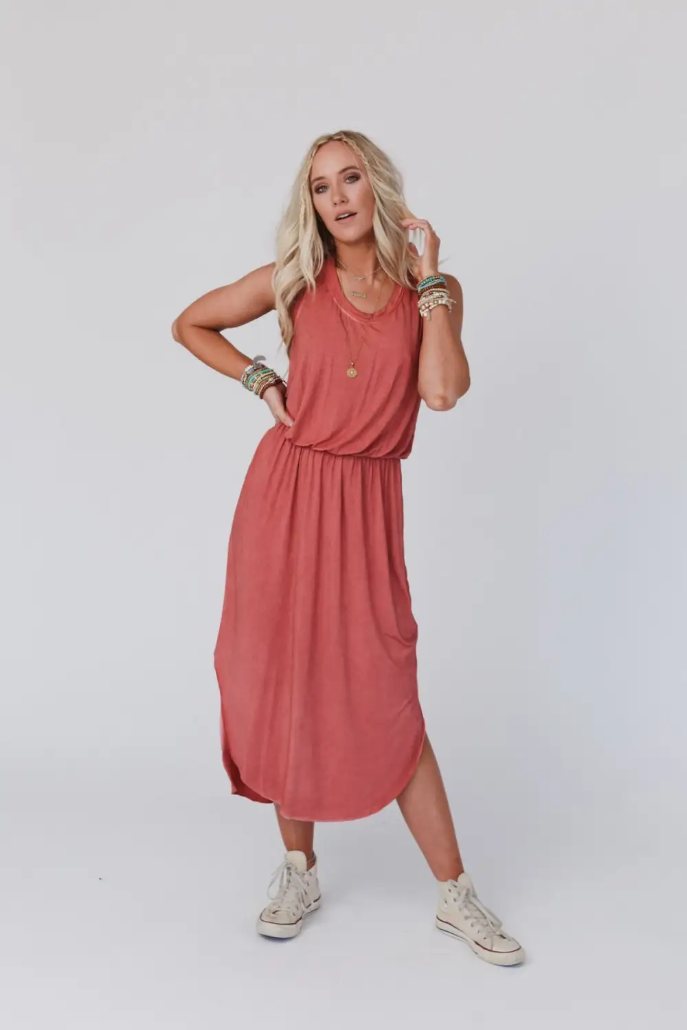 Betsy Stonewashed Midi Tank Dress - Rust