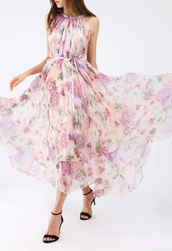 SUNFLOWER BLOSSOM WATERCOLOR CHIFFON MAXI SLIP DRESS