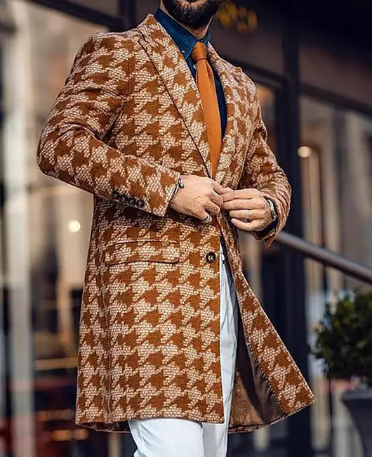 Men Lapel Collar Houndstooth Print Coat