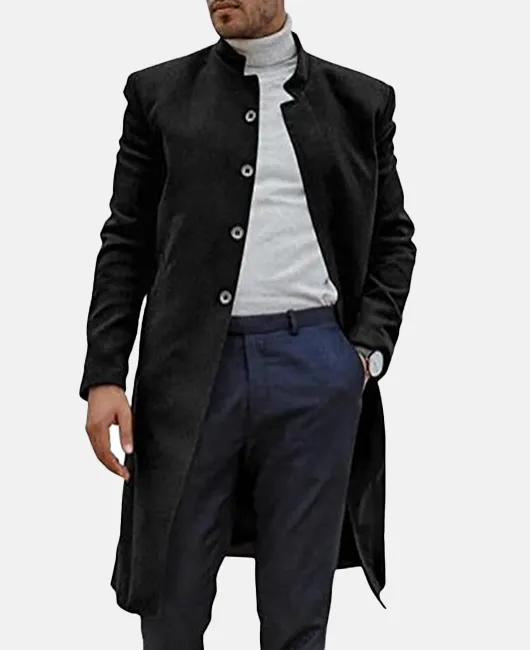 Daily Stand Collar Single Breasted Plain Long Wool Coat