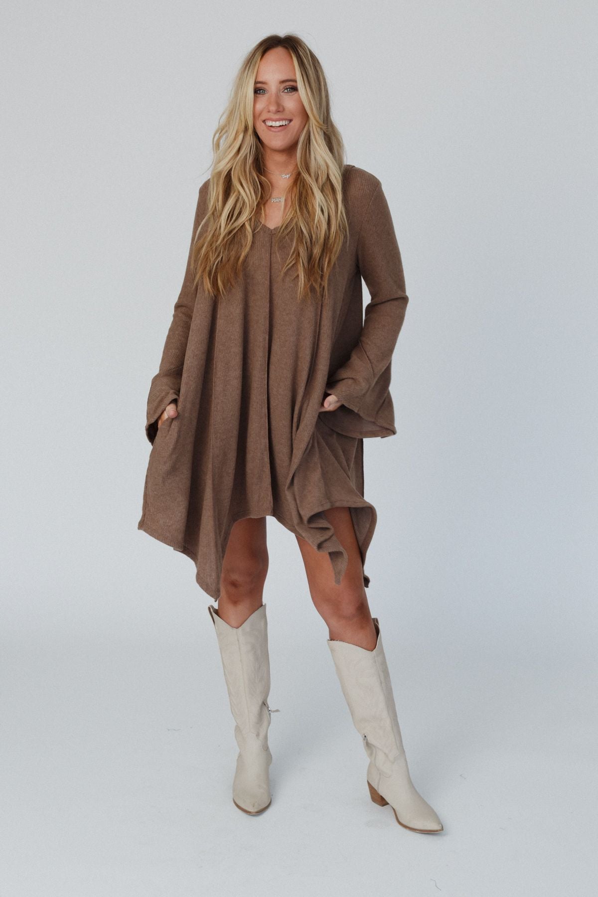 Golden Hour Long Bell Sleeve Tunic Dress - Mocha