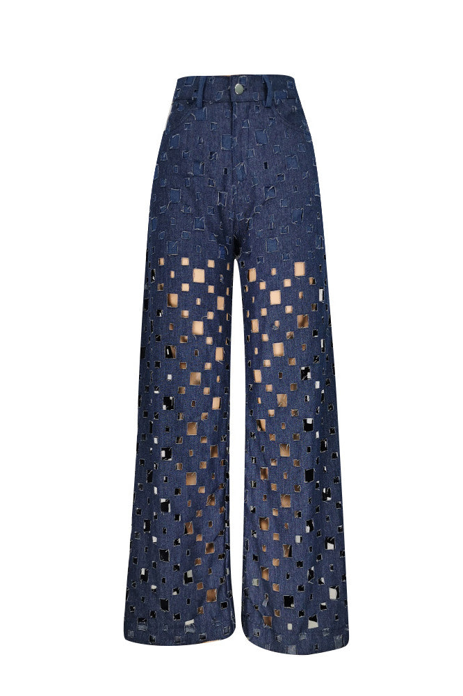 High Waist Hole Jeans Hollow Wide Leg Pants