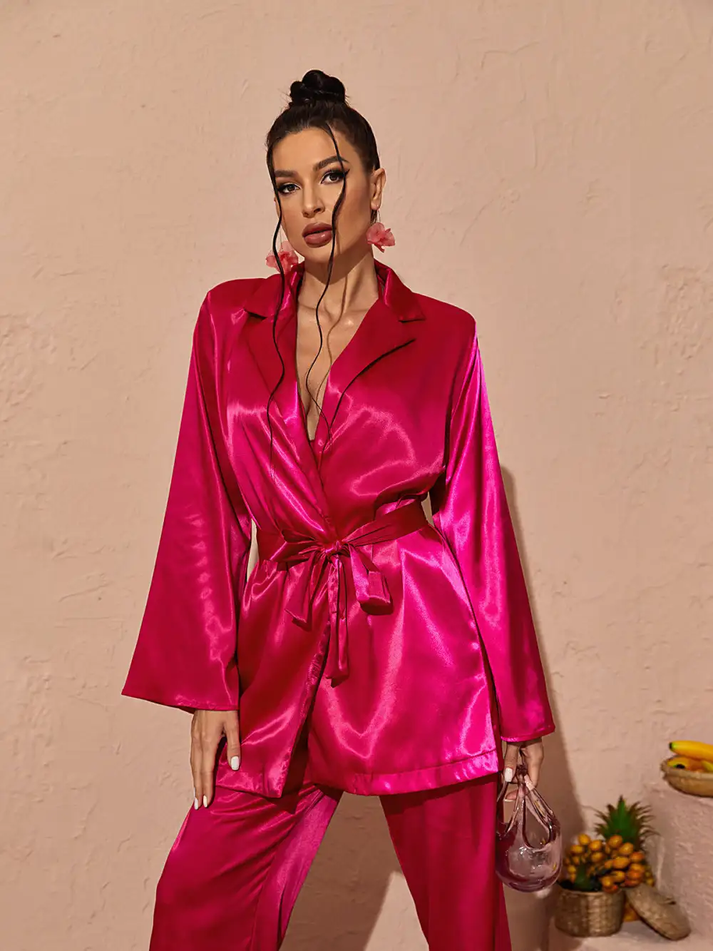 Zariyah Halterneck Satin Set In Hot Pink