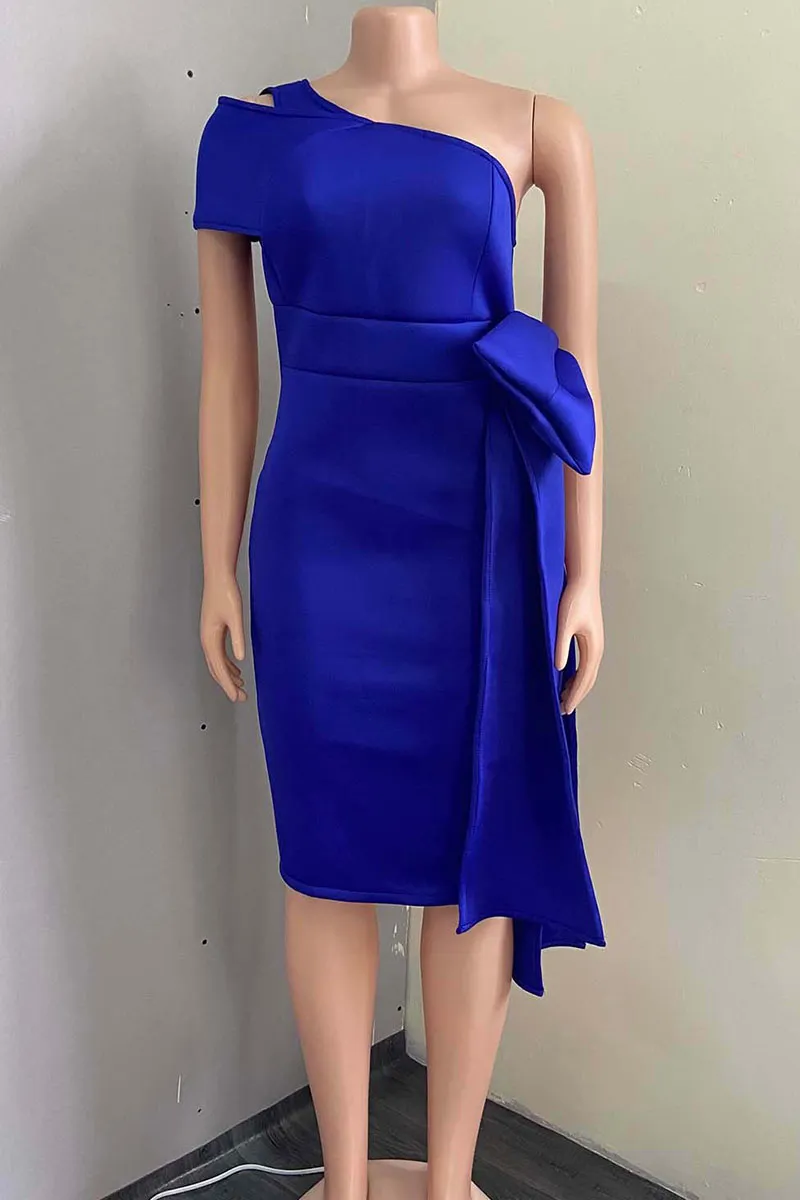 Royal Blue Casual Elegant Solid Split Joint With Bow Oblique Collar Dresses