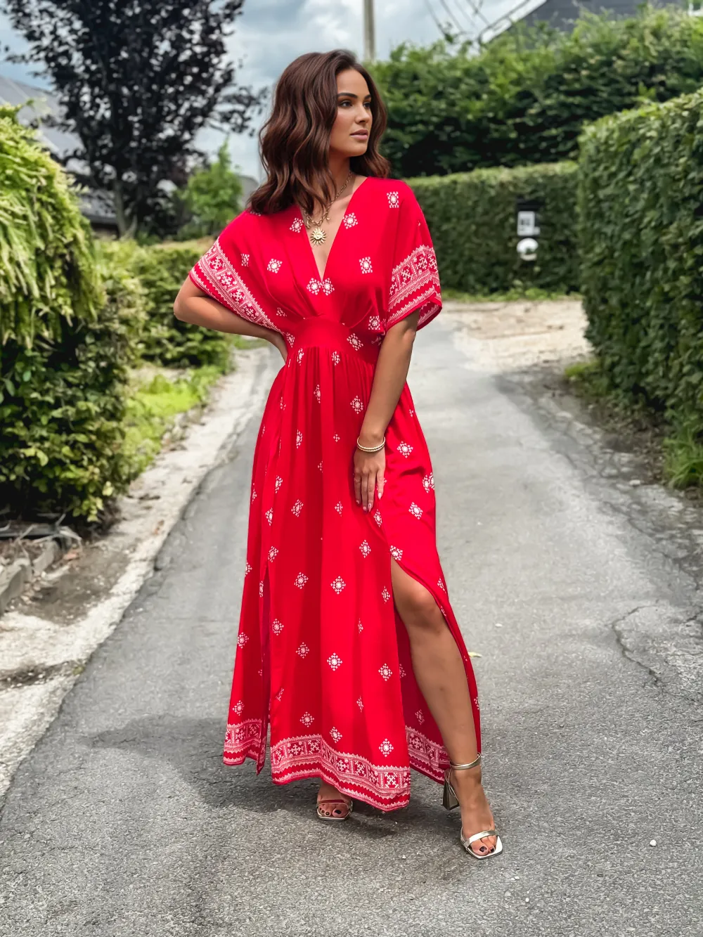 KATALYNA PATTERNED LONG DRESS - RED