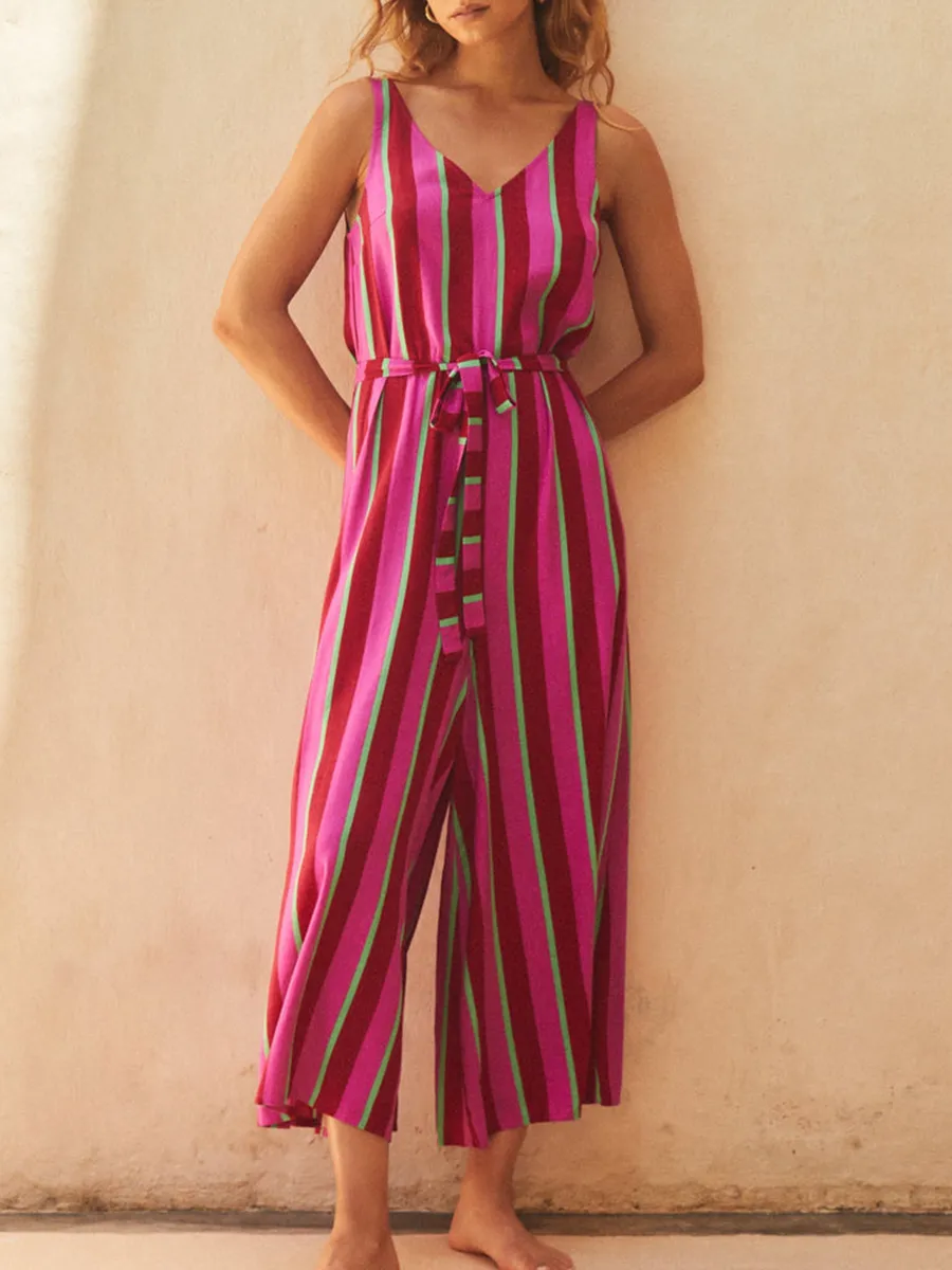 Women's V-neck striped printed holiday jumpsuit