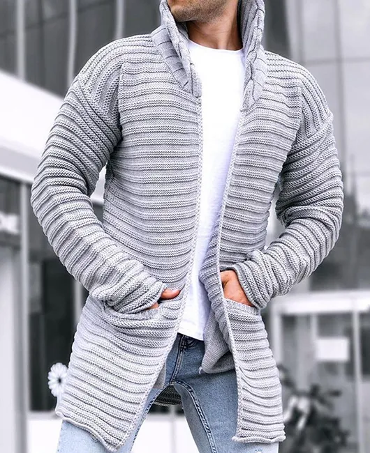 High Neck Pockets Knitted Long Cardigan Sweater