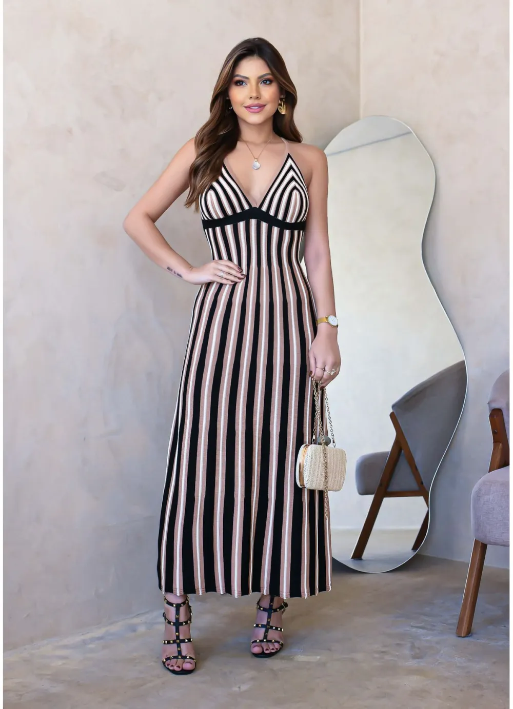 MODAL STRIPED V-NECK MIDI DRESS