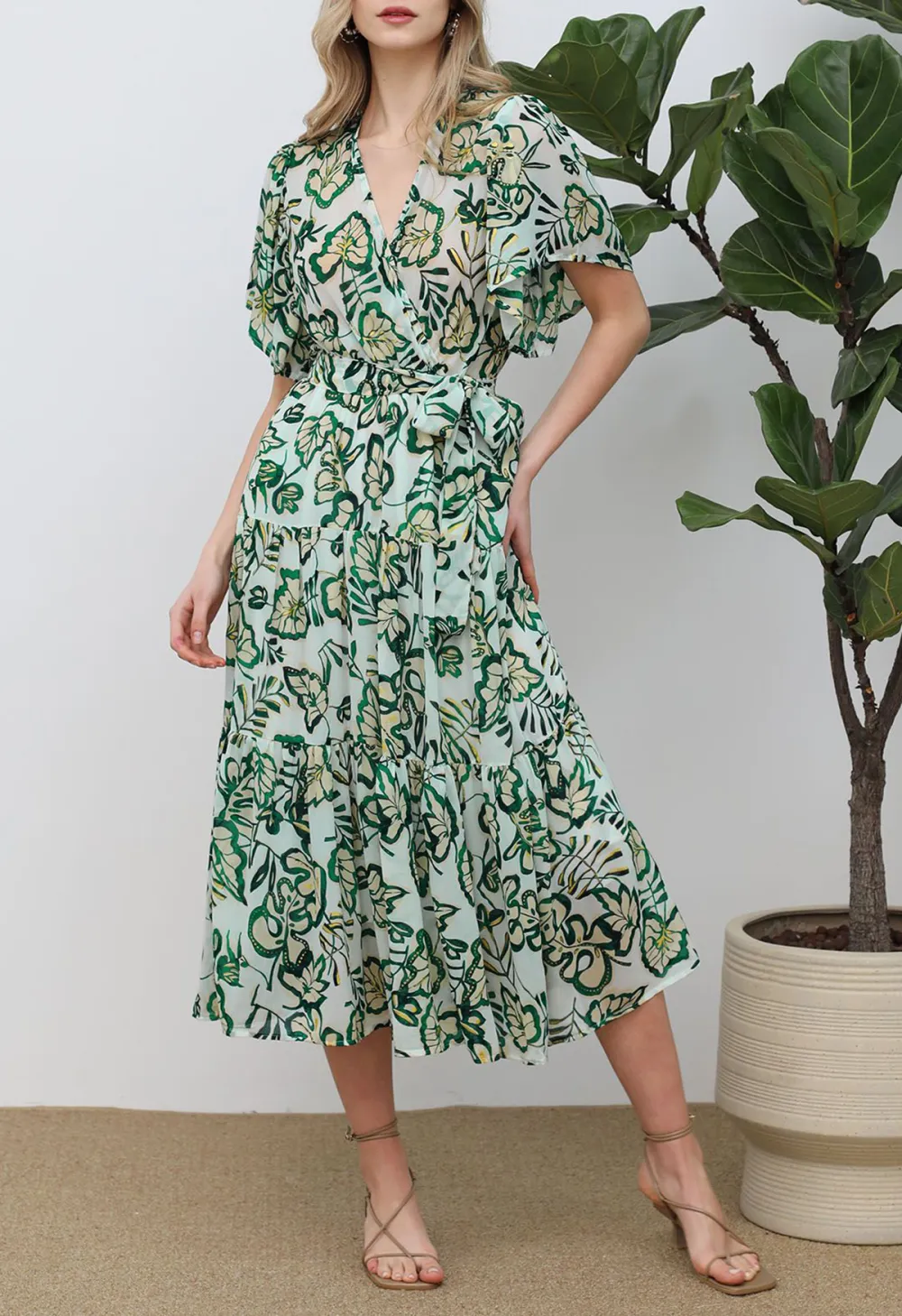 LEAVES PRINTED FLUTTER SLEEVE FAUX-WRAP DRESS