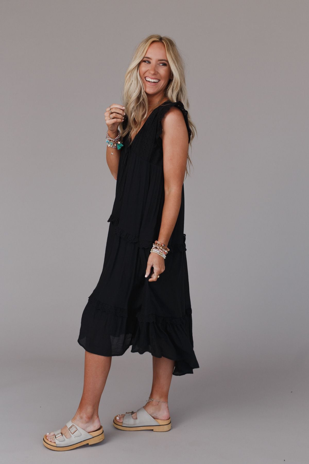 Mina Tiered Scallop Edge Maxi Dress - Black