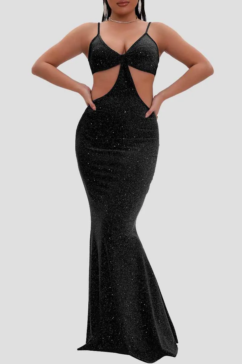 Black Fashion Sexy Solid Hollowed Out Backless Spaghetti Strap Evening Dress Dresses