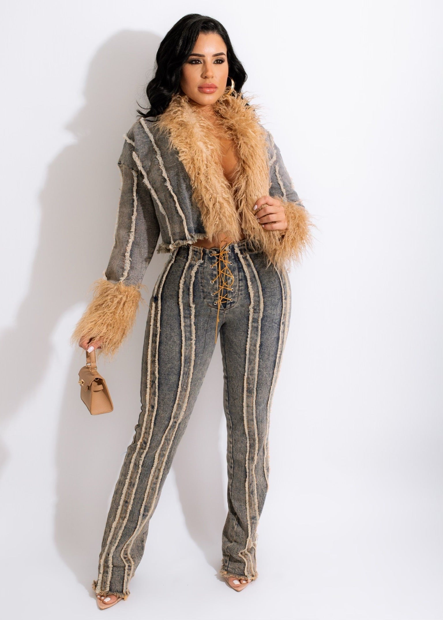 Faux Fur Lining Two piece Denim Jacket Set