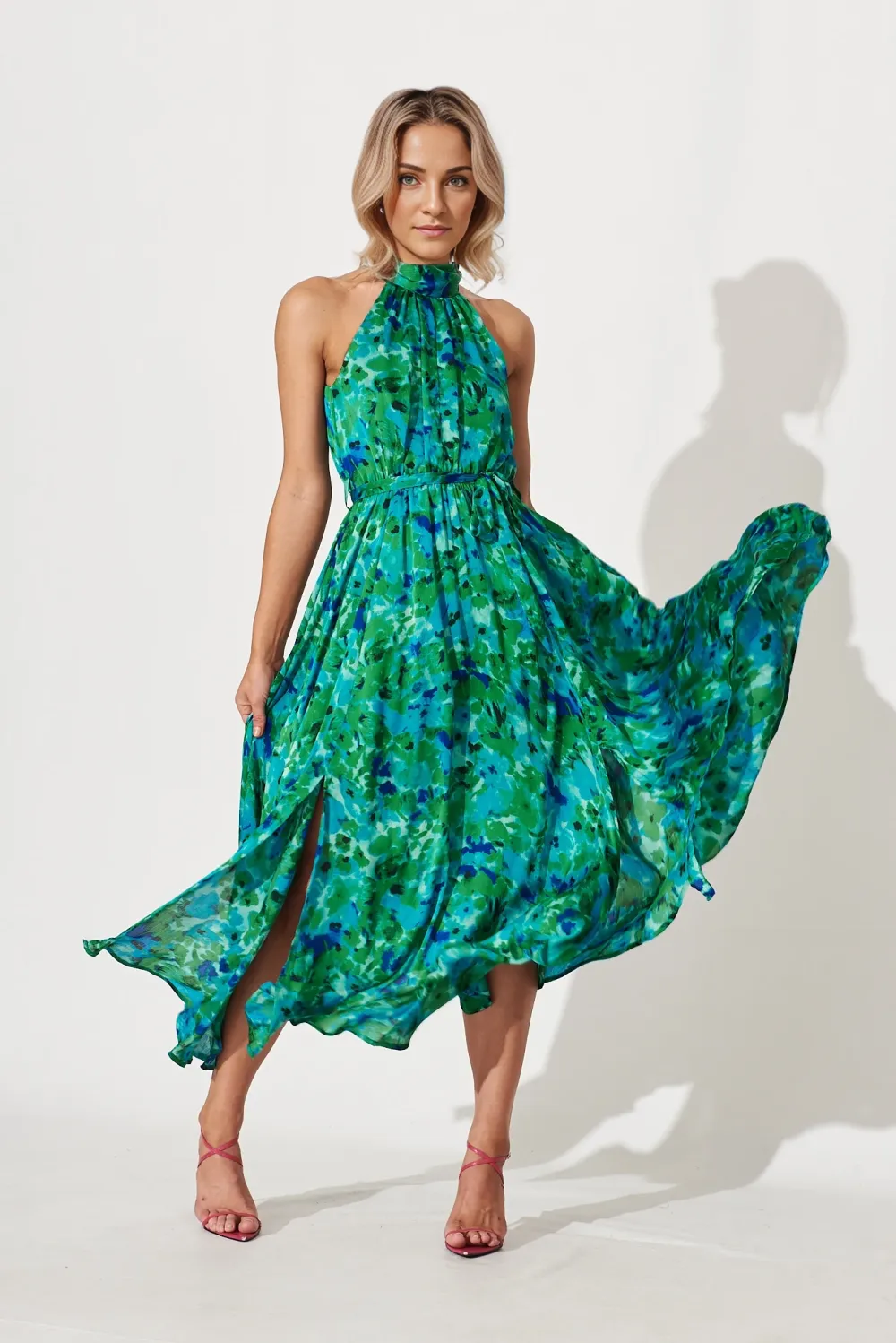 Kiss Me Halter Neck Maxi Dress In Green Watercolour Print