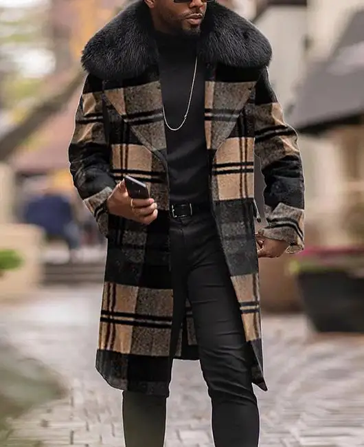 Plaid Fuzzy Lapel Collar Overcoat