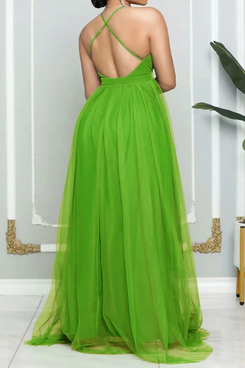 Green Sexy Solid Patchwork Spaghetti Strap Evening Dress Dresses