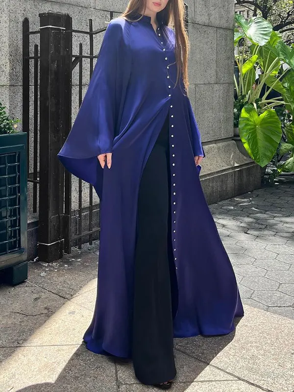 Solid Color Wide Side Buttoned Batwing Sleeves Maxi Dresses