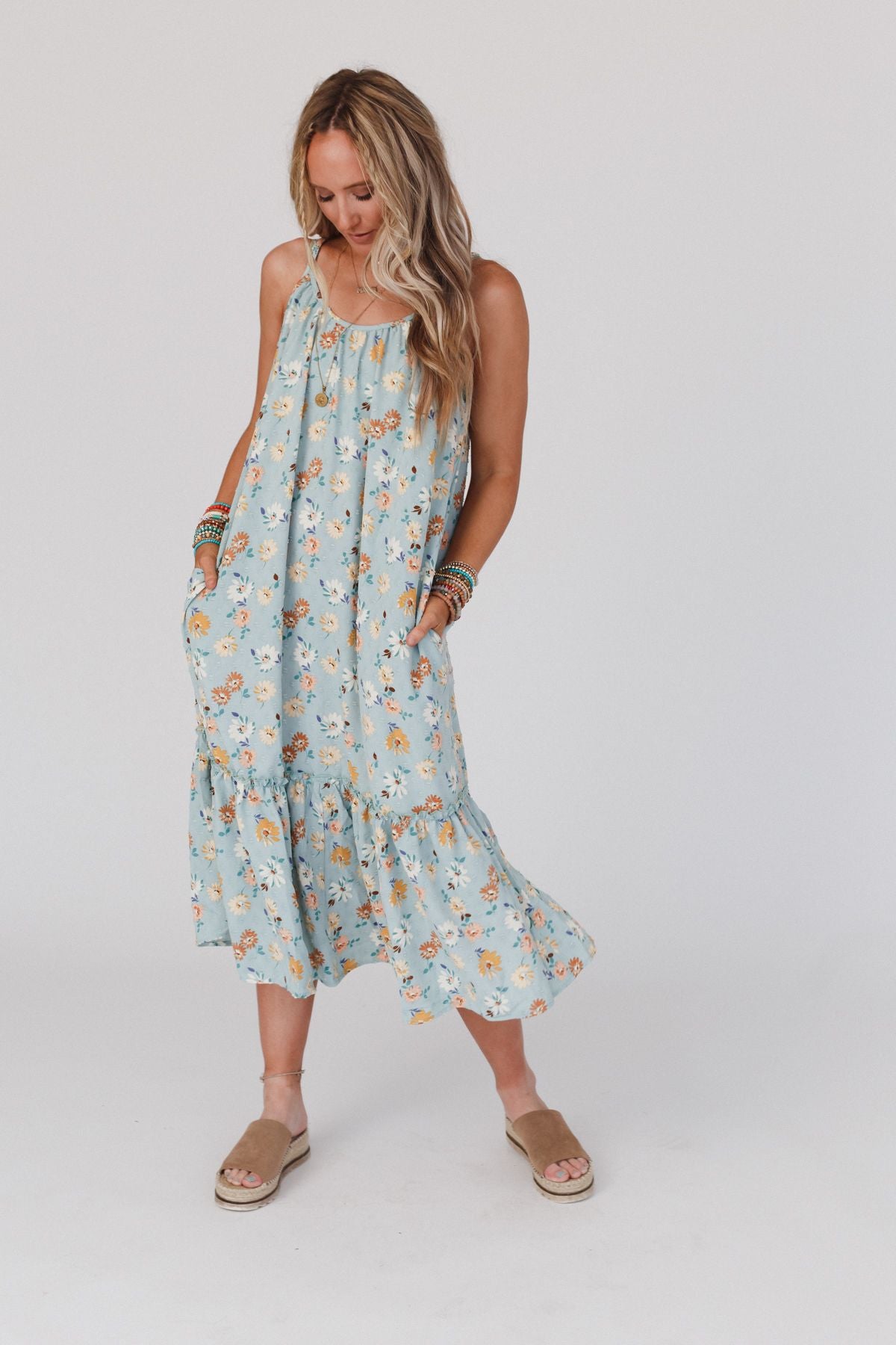 Elliotte Floral Ruffle Midi Dress - Seafoam