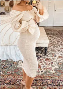 Elegant Fall Off Shoulder Puff Sleeve Slim Midi Dress