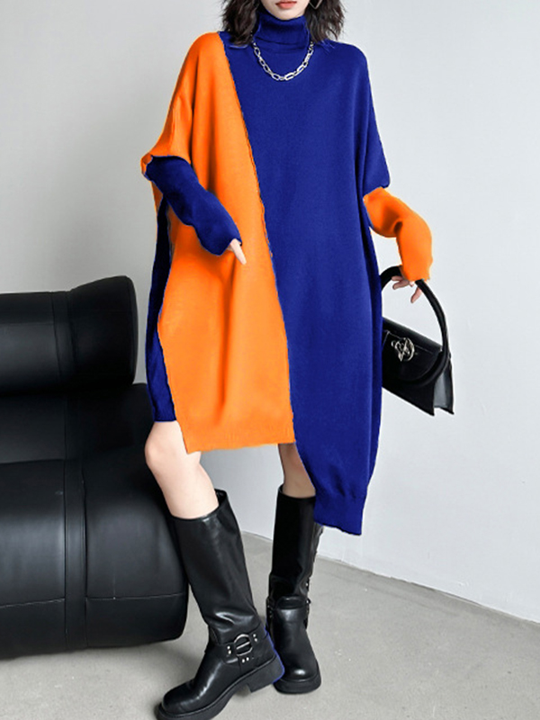 Batwing Sleeves Long Sleeves Asymmetric Contrast Color Split-Joint High Neck Midi Dresses Sweater Dresses