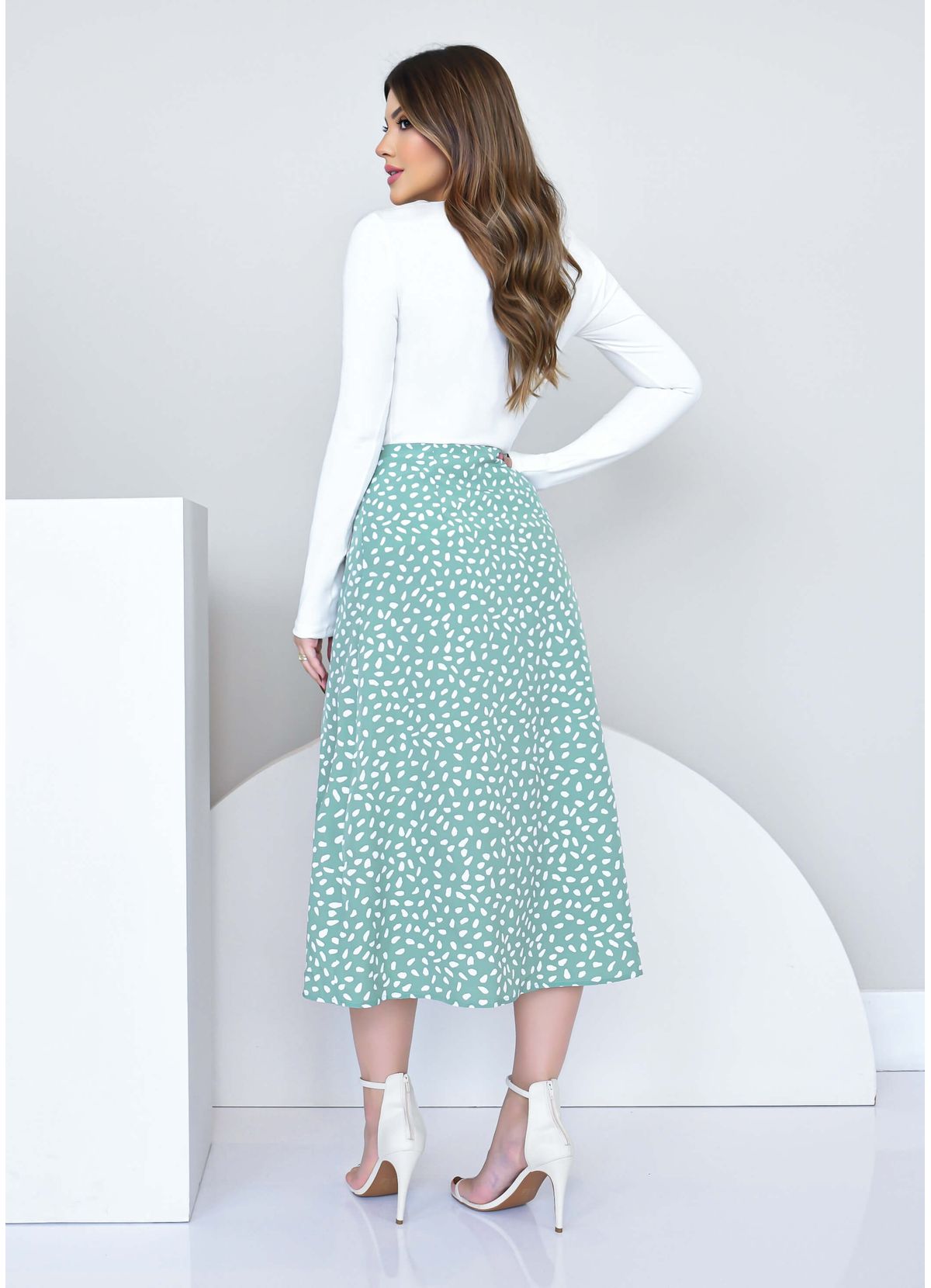 HIGH WAISTED POLKA DOT SLIT MIDI SKIRT