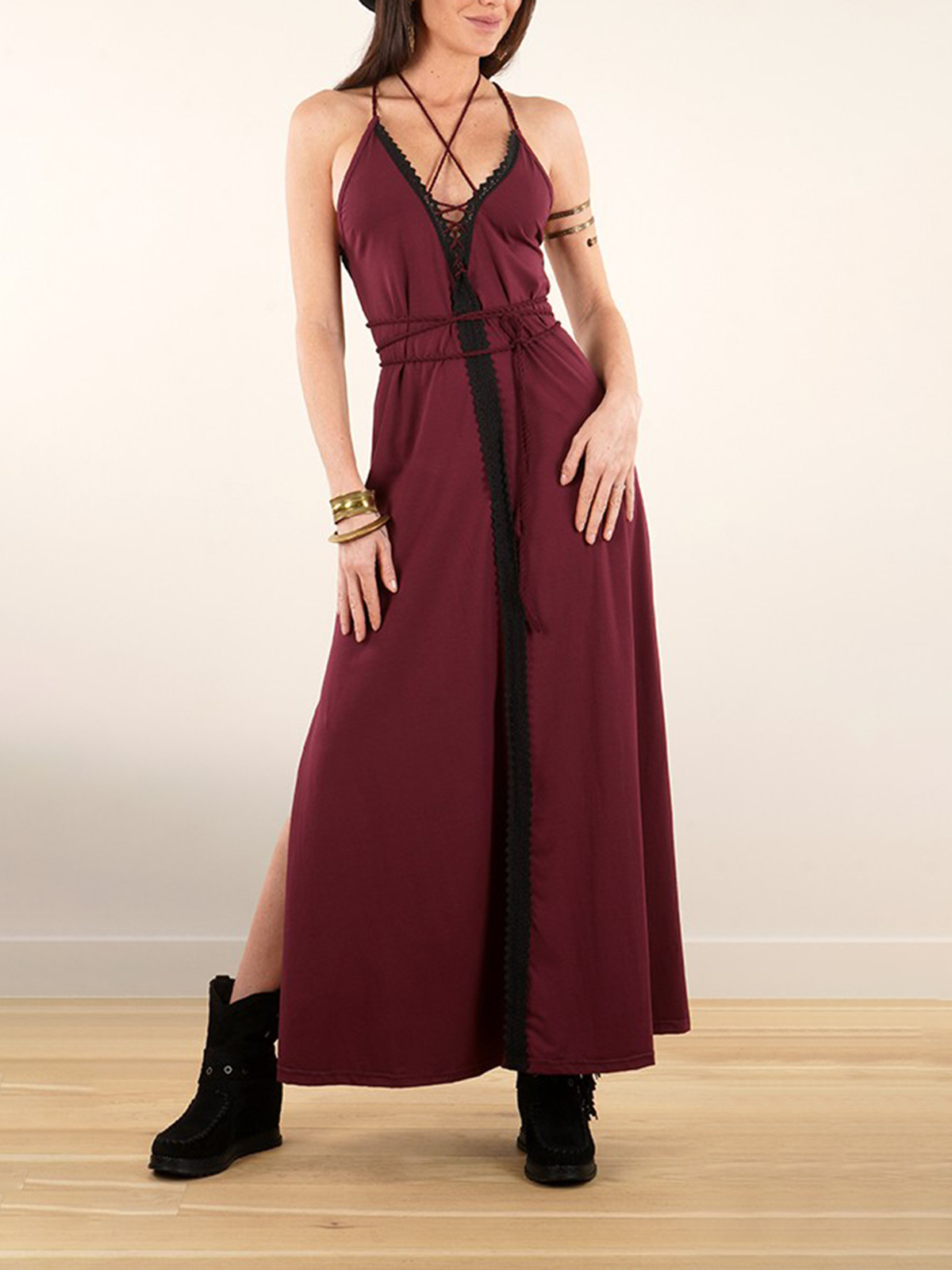 Lace-up Split Long Dress