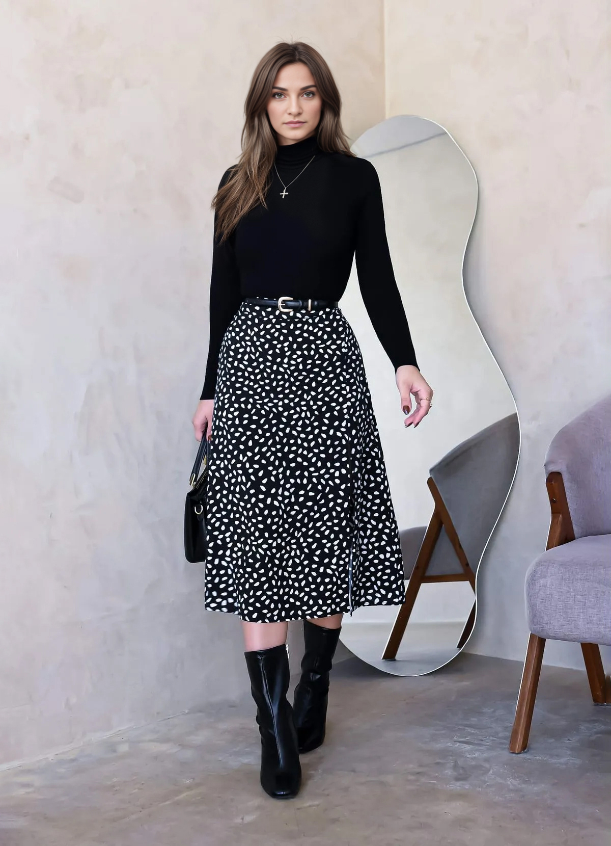 HIGH WAISTED POLKA DOT SLIT MIDI SKIRT