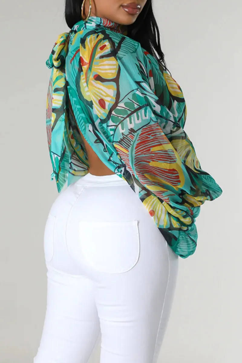 Light Green Casual Print Patchwork Slit Half A Turtleneck Tops