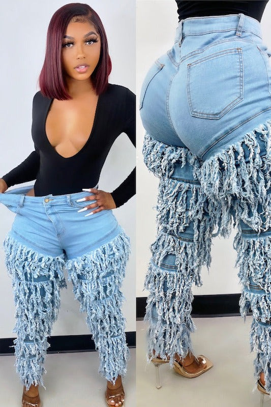 Fringes Semi-stretch Denim Pants