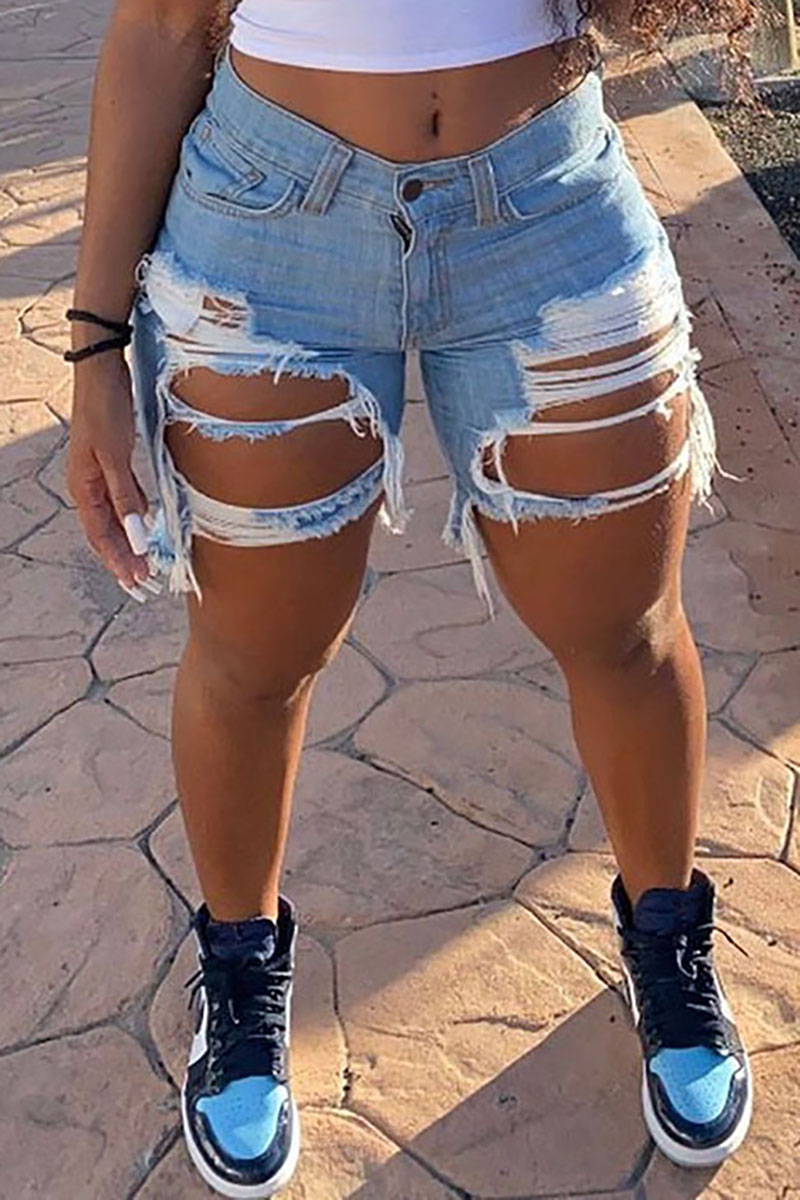 Ripped Cutout Denim Fringed Raw Hem Casual Shorts