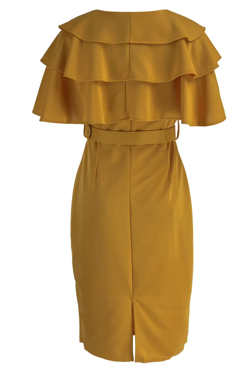 Yellow Casual Elegant Solid Patchwork Flounce O Neck One Step Skirt Dresses